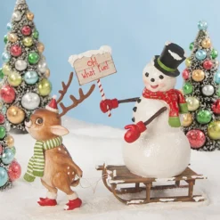 Bethany Lowe Oh What Fun! Reindeer Pulling Snowman On Sled New!