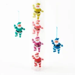 One Hundred 80 Degrees Colorful Retro Santa Ornaments, Flocked New!