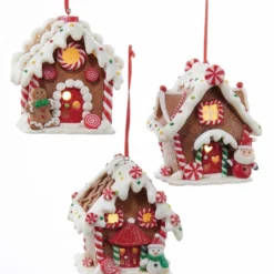 Kurt Adler Gingerbread Cottage Ornaments With Lights New!