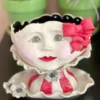 Teyros Lady Head Art Pottery Planter With Tray, Red Bow New!