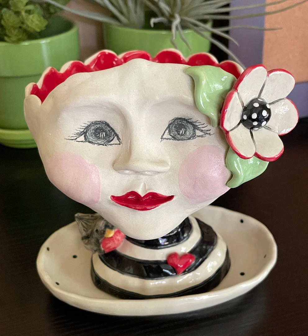 Teyros Lady Head Art Pottery Planter With Tray, Love Bird 3 Teyros Lady Head Art Pottery Planter With Tray, Love Bird