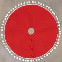 Ragon House New! Red Tree Skirt With White Pom Poms, 28"