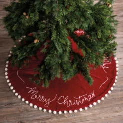 Primitives By Kathy Velvet Merry Christmas Tree Skirt With Pom Poms
